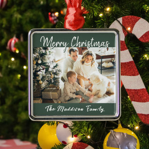 Green Festive Script Family Photo Merry Christmas Metal Ornament