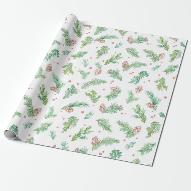Green Fir Watercolor Christmas Wrapping Paper (Unrolled)
