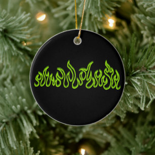Green Fire Flames Blaze Outlines Ceramic Ornament