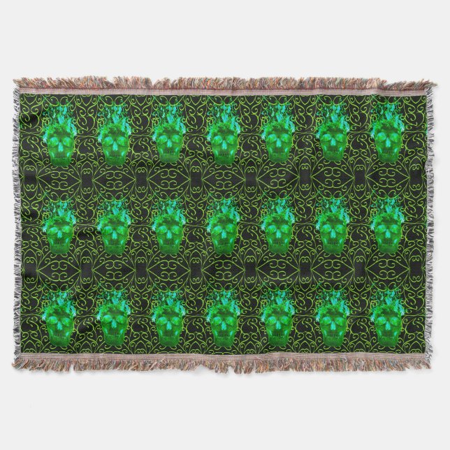 Green Fire Skull Throw Blanket (Front)