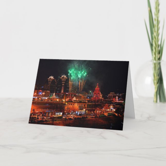 Green Fireworks over Kansas City Plaza Lights Holiday Card (Front)