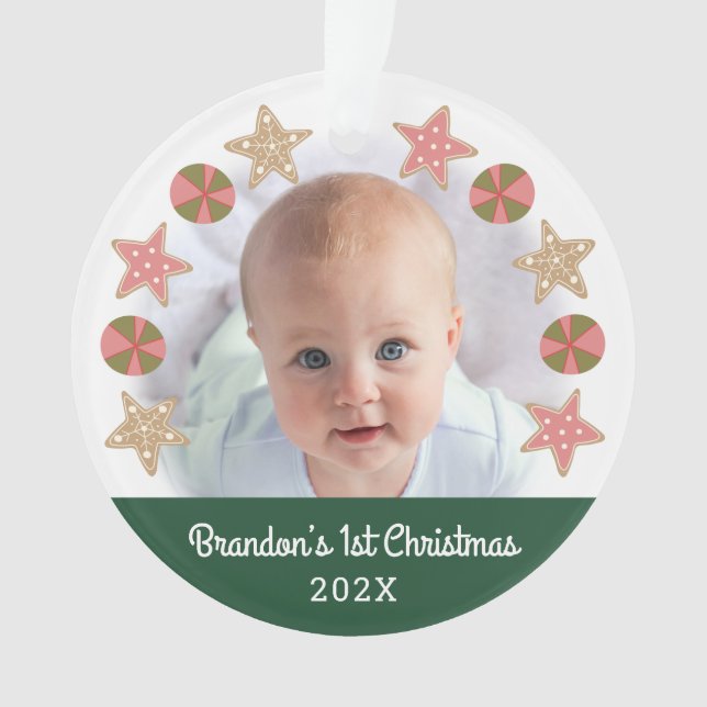 Green First Christmas Baby Photo Gingerbread Boy Ornament (Front)