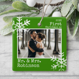 Green First Christmas Married Photo Ceramic Ornament