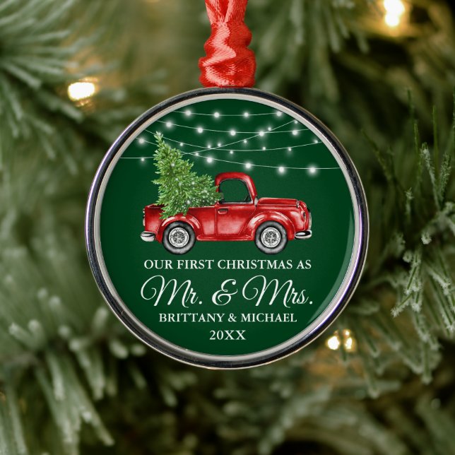 Green First Christmas Mr and Mrs Lights Truck Metal Ornament (Tree)