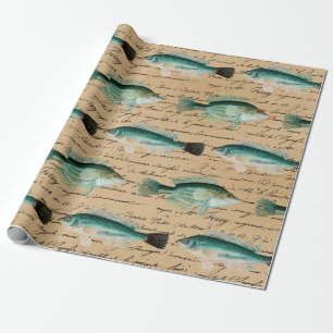 Green Fish and Cursive Writing on Tan Wrapping Paper