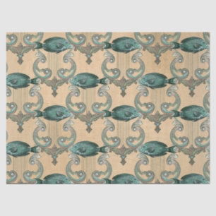 Green Fish and Harps on Tan Decoupage Tissue Paper