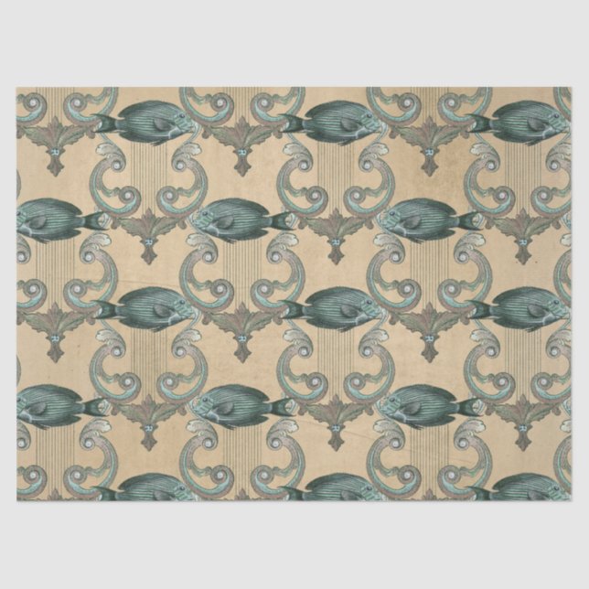 Green Fish and Harps on Tan Decoupage Tissue Paper (Front)