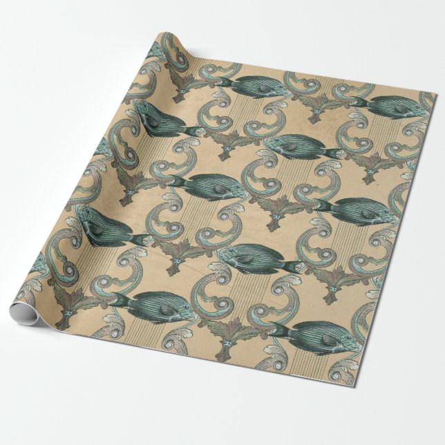 Green Fish and Harps on Tan Wrapping Paper (Unrolled)