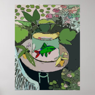 Green Fish in Bowl Poster