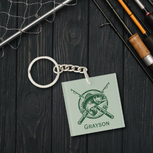 Green Fisherman Pole and Fish Personalized Keychain