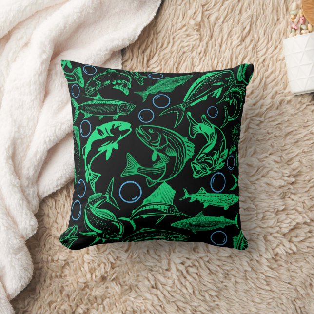 Green Fishes Pattern 10.w Black BG Throw Pillow (Blanket)