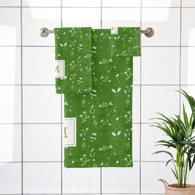 Green Fishing Seamless Pattern Monogrammed Bath Towel Set (Creator Uploaded)