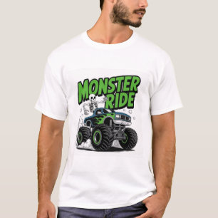 Green Flame Monster Truck with Funny Skeleton Ride T-Shirt