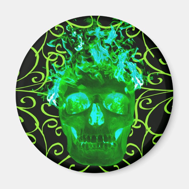 Green Flaming Skull Magnet (Front)