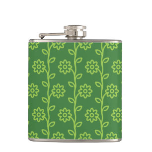 Green Flat Flower Garden Pattern Hip Flask