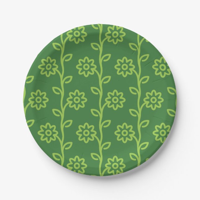Green Flat Flower Garden Pattern Paper Plate (Front)