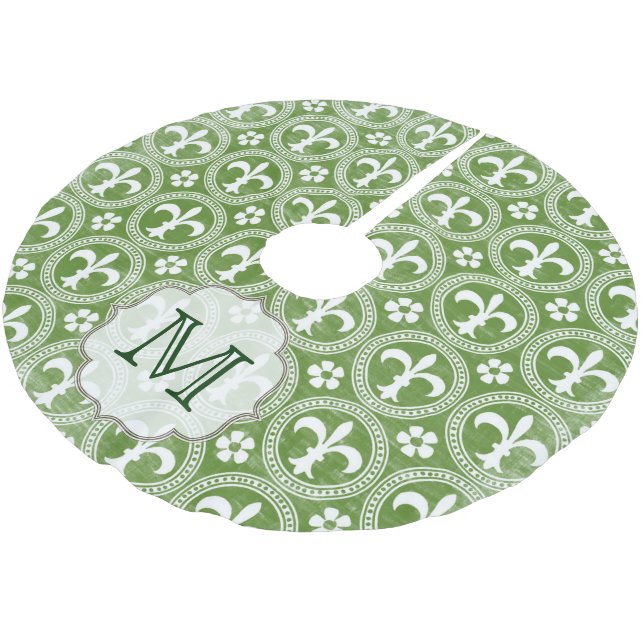 Green Fleur De Lis Monogram Initial Tree Skirt (Angled)