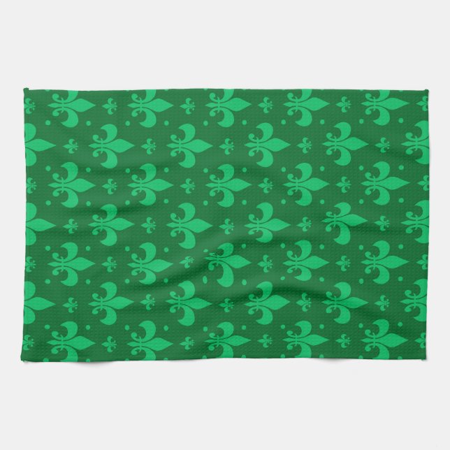 Green Fleur-de-lis Pattern Design  Kitchen Towel (Horizontal)