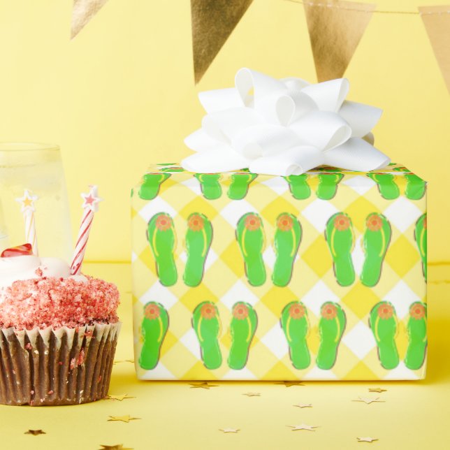Green Flip-flops on Gingham Wrapping Paper (Birthday Party)