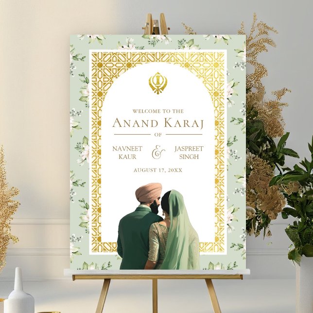 Green Floral Anand Karaj Sikh Wedding Welcome Sign (Creator Uploaded)