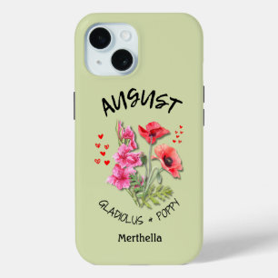 Green Floral AUGUST Birth Month Flower Custom Name iPhone 15 Case