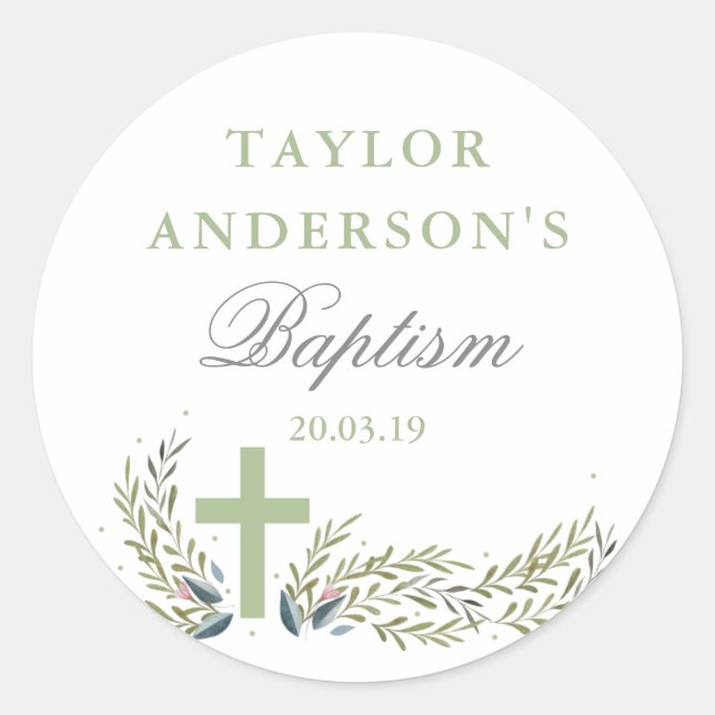 Green Floral Baptism Sticker Tags (Front)