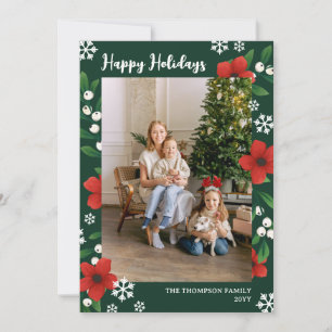 Green Floral Berry Snowflakes Happy Holidays Photo Holiday Card