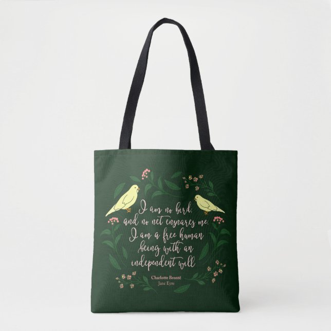 Green Floral Bird Charlotte Bronte Jane Eyre Quote Tote Bag (Front)