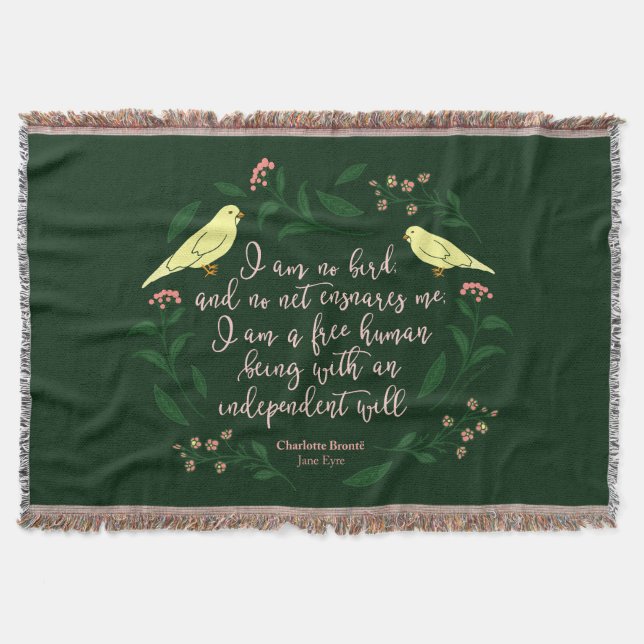 Green Floral Bird Quote Jane Eyre Charlotte Bronte Throw Blanket (Front)