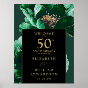 Green Floral Black And Gold 50th Anniversary Sign