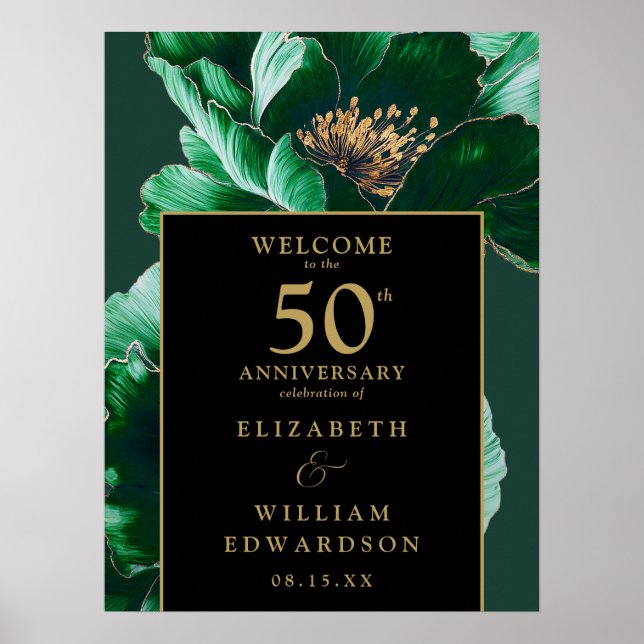 Green Floral Black And Gold 50th Anniversary Sign (Front)