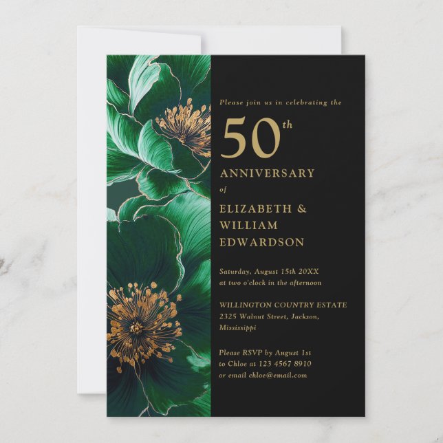 Green Floral Black And Gold Chic 50th Anniversary Invitation (Front)
