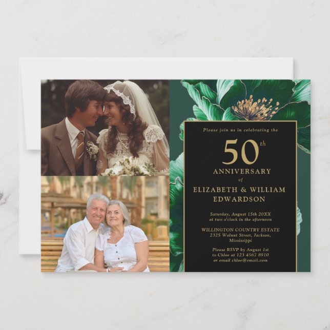 Green Floral Black Gold 50th Anniversary 2 Photo Invitation (Front)