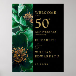 Green Floral Black Gold 50th Anniversary Sign