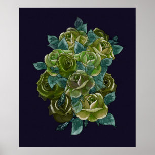 Green floral bouquet, navy blue, exotic roses poster