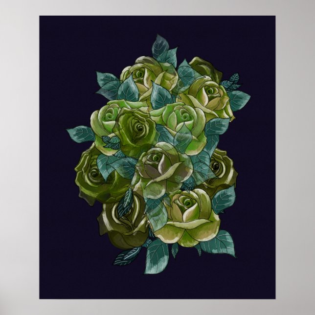 Green floral bouquet, navy blue, exotic roses poster (Front)