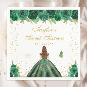 Green Floral Brown Hair Princess Sweet Sixteen Napkin
