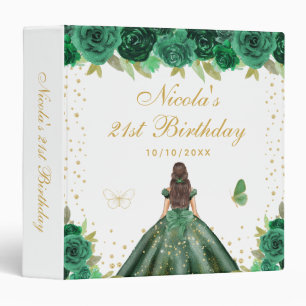 Green Floral Brunette Hair Princess Birthday Party Binder