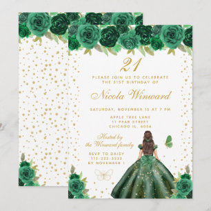 Green Floral Brunette Hair Princess Birthday Party Invitation
