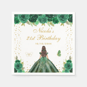Green Floral Brunette Hair Princess Birthday Party Napkin