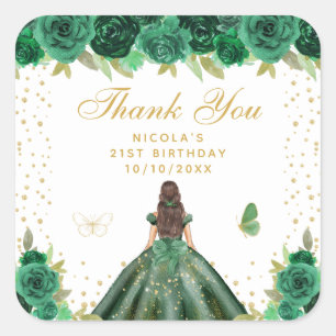 Green Floral Brunette Hair Princess Birthday Party Square Sticker