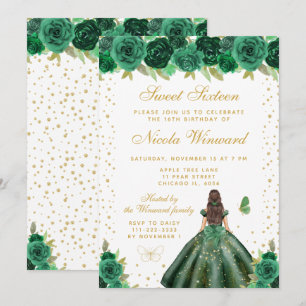 Green Floral Brunette Hair Princess Sweet Sixteen Invitation