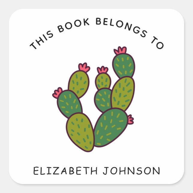 Green Floral Cactus Succulent Cacti Kids Bookplate Square Sticker (Front)