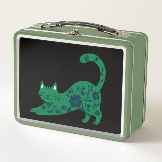 Green Floral cat lunch box (Devant)