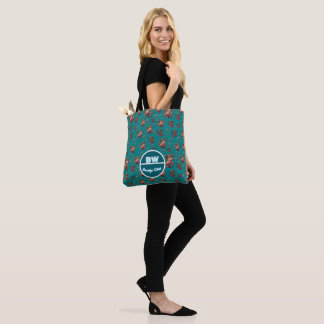 Green Floral Cat Pattern Personalized Monogram Tote Bag