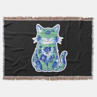 Green Floral Cat  Throw Blanket