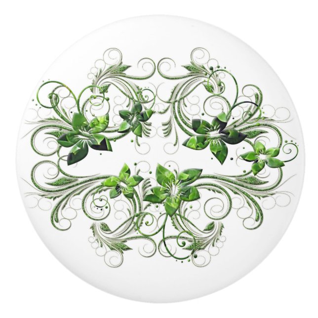 Green Floral Ceramic Cabinet Knob (Front)