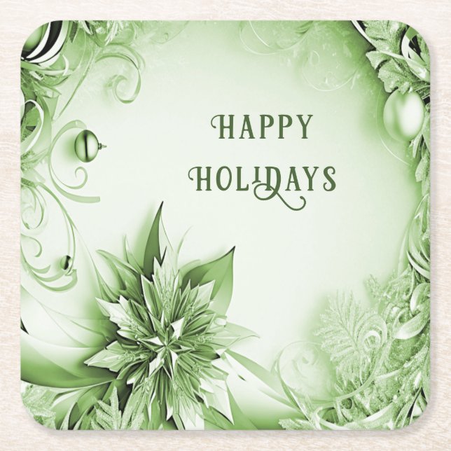 Green Floral Christmas Holiday Paper Coaster (Front)