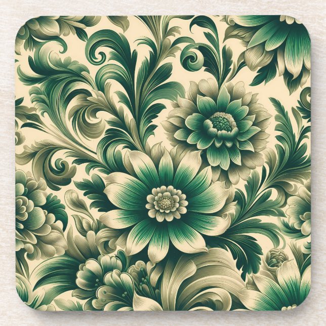  Green Floral Cork Back Coasters Set of 6 (Front)