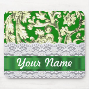 Green floral damask mouse pad